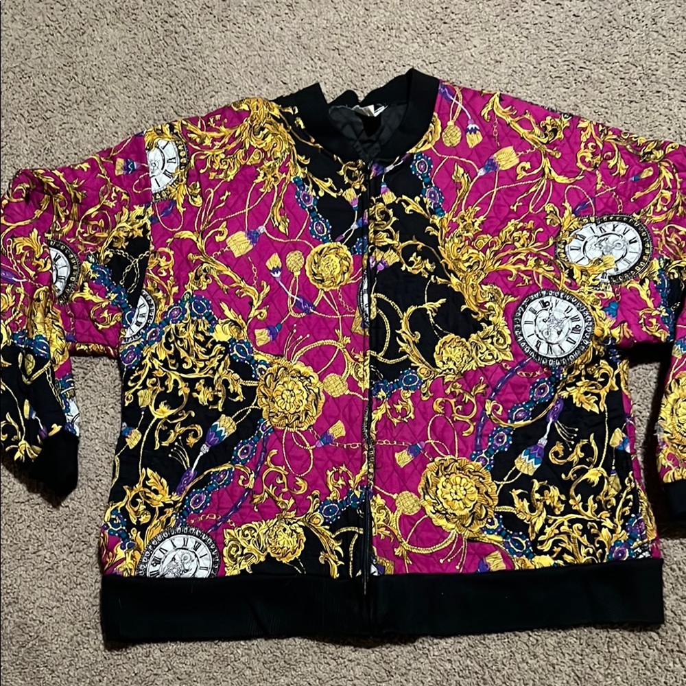 Vintage Women's Pink & Black Baroque Print Bomber Jacket